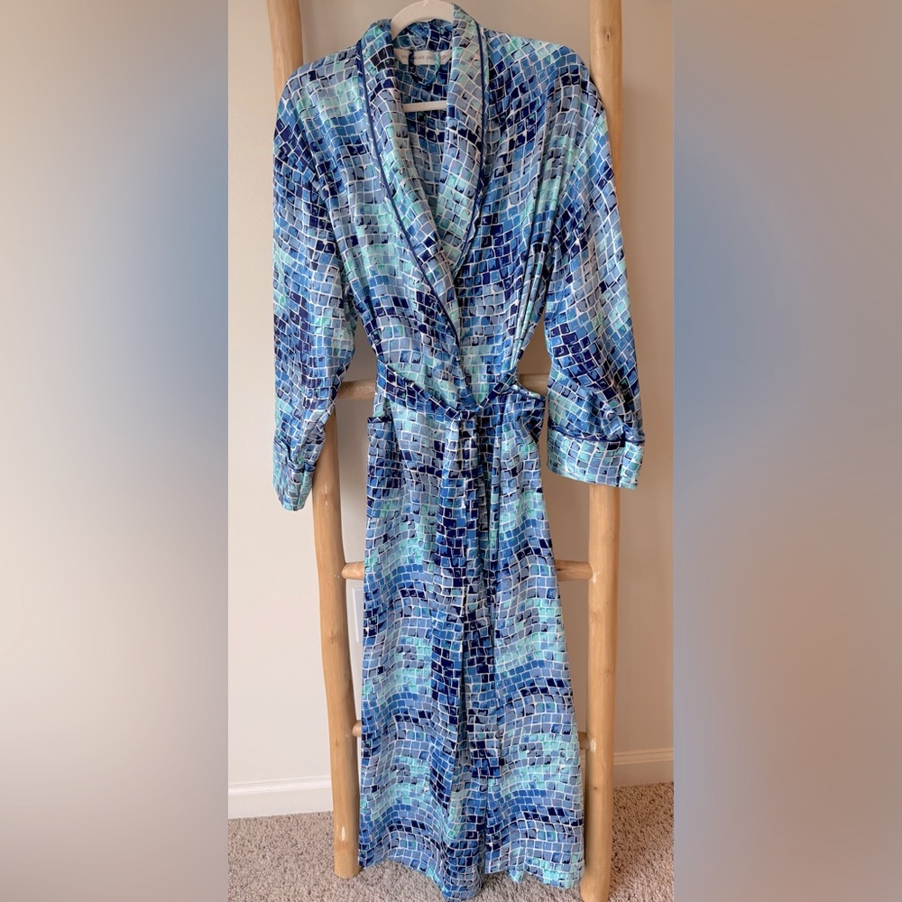 Victoria's Secret Vintage ‘96 Pink Heart Label Blue Green Mosaic Satin Robe XS/S